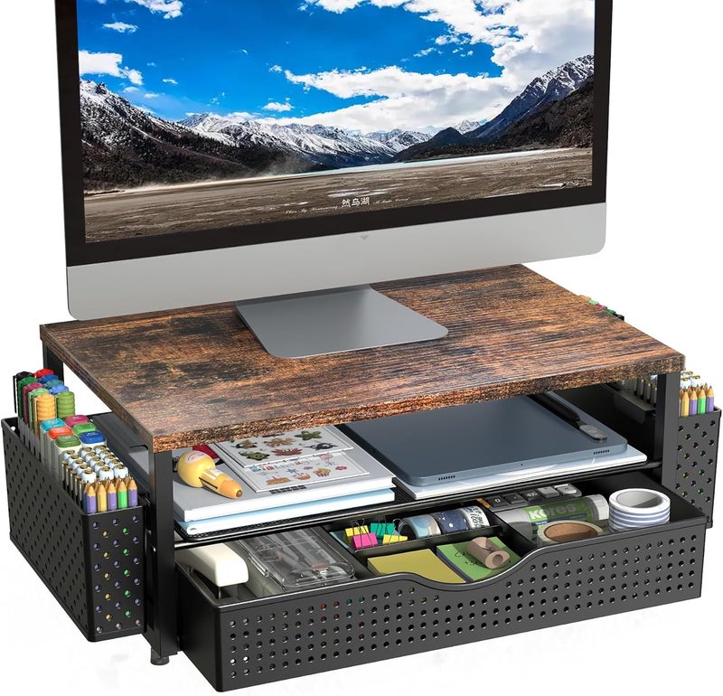 Spacrea Desk Organizer and Accessories, Computer Monitor Stand Riser with Drawer and 2 Pen Holders, Office Desk Accessories & Workspace Organizers for Office Supplies (Wood) - Image 1